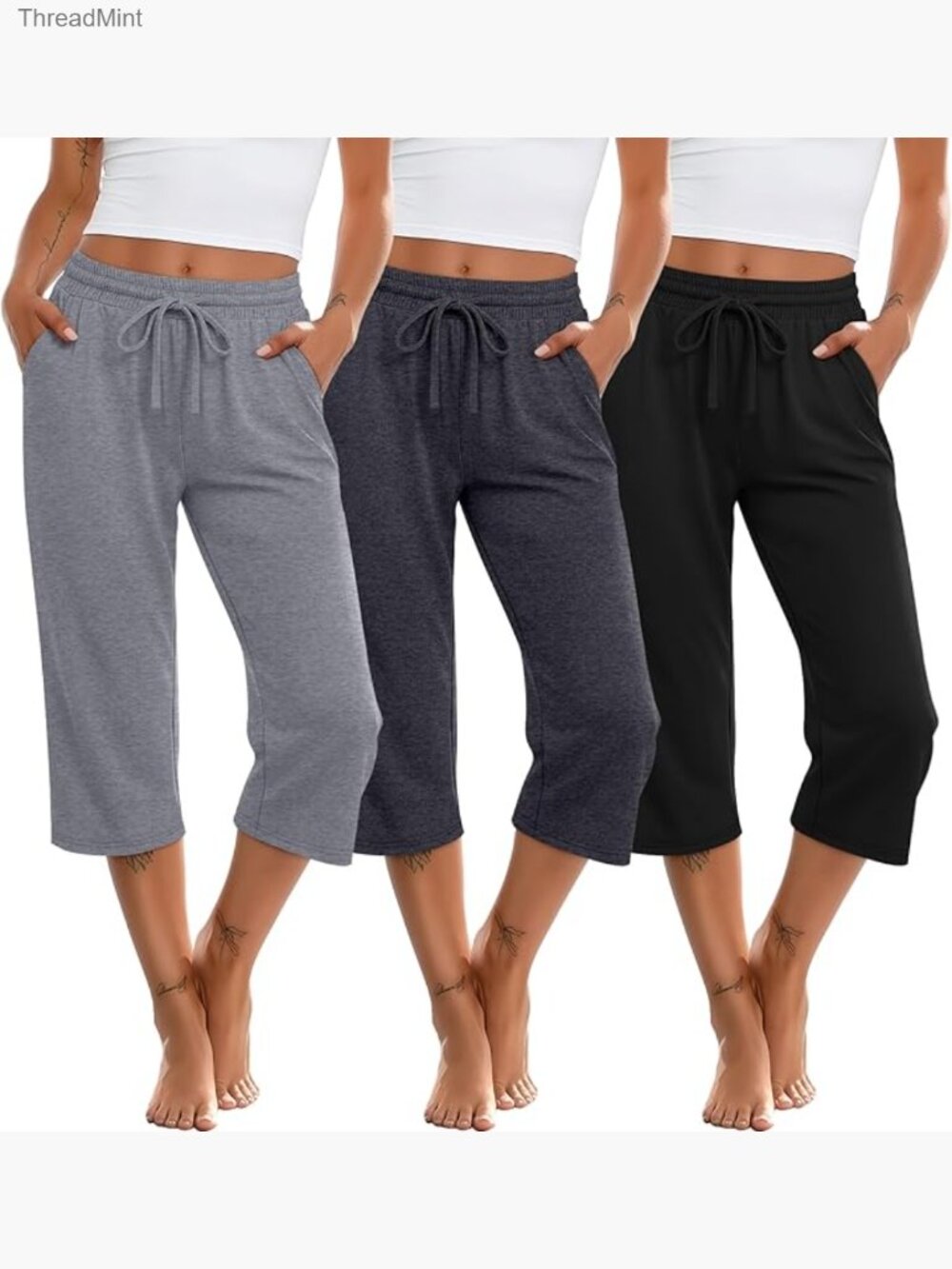 3 Pack Capri Sweatpants Drawstring Wide Leg Yoga Joggers with Pockets